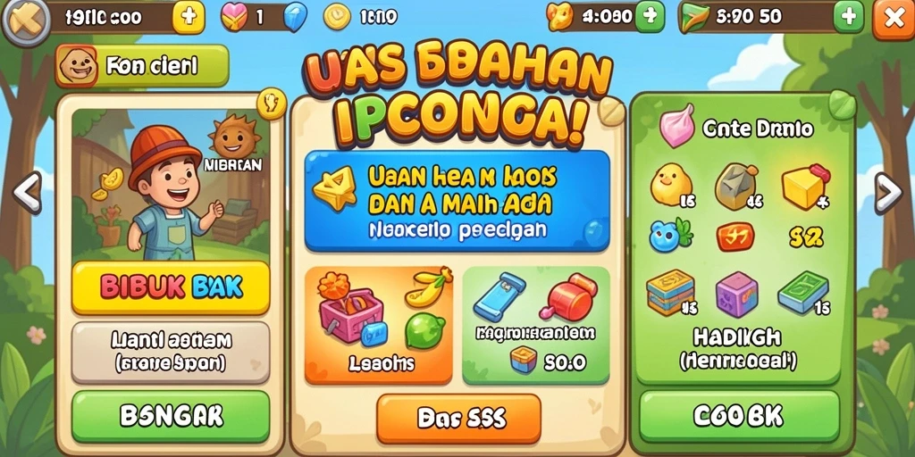 Screenshot menunjukkan menu utama dengan berbagai pilihan permainan.
